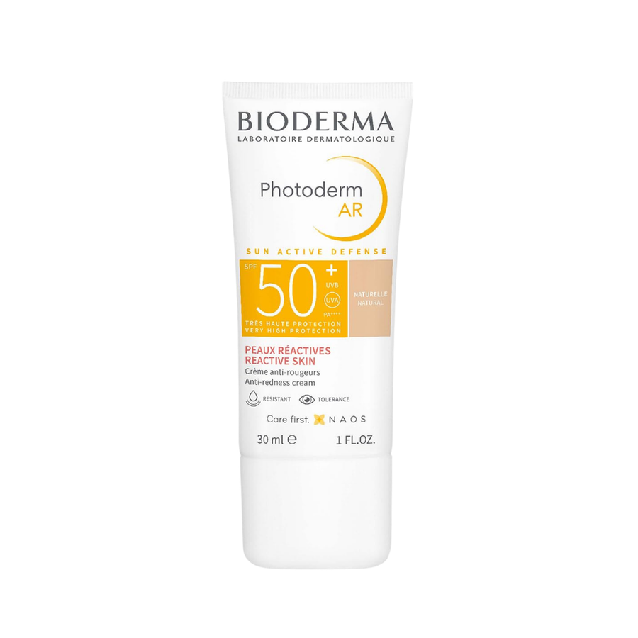 Bioderma Photoderm AR anti-redness tinted sunscreen SPF 50+, 30ml, in a white squeeze tube.