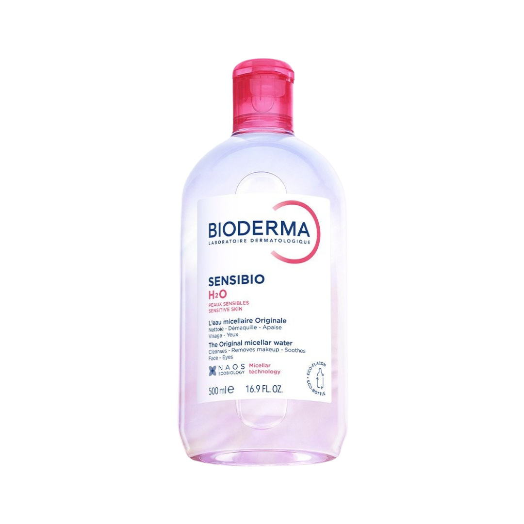 Bioderma Sensibio H2O micellar water, 500 ml, for sensitive skin, with a pink cap and packaging.

