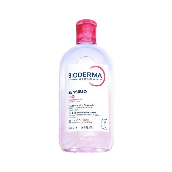 Bioderma Sensibio H2O micellar water, 500 ml, for sensitive skin, with a pink cap and packaging.

