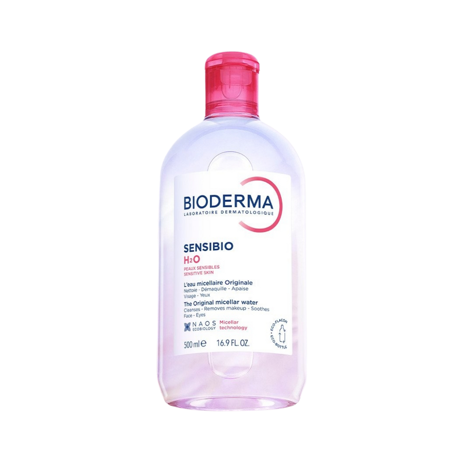 Bioderma Sensibio H2O micellar water, 500 ml, for sensitive skin, with a pink cap and packaging.
