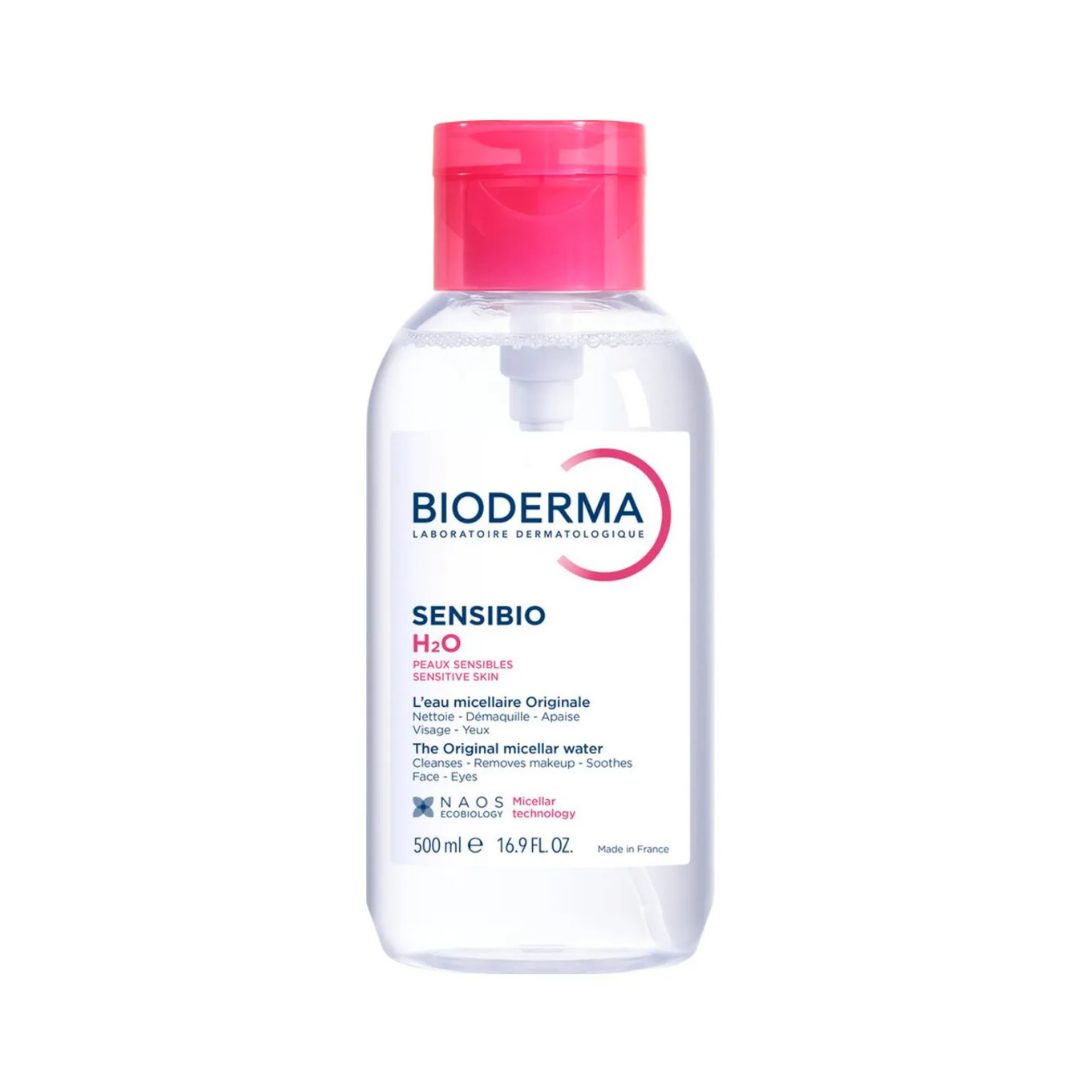 Bioderma Sensibio H2O Micellar Water 500ml clear bottle with pink flip cap and front label