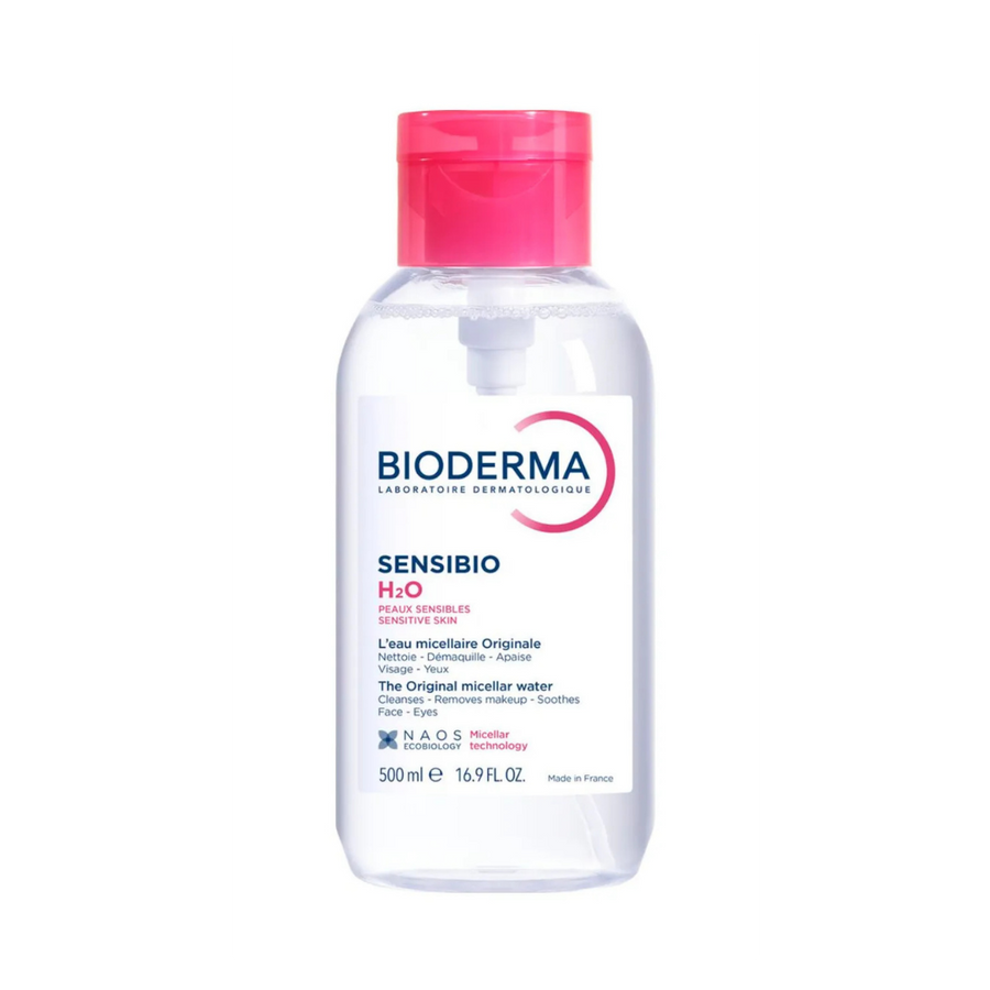 Bioderma Sensibio H2O Micellar Water 500ml clear bottle with pink flip cap and front label