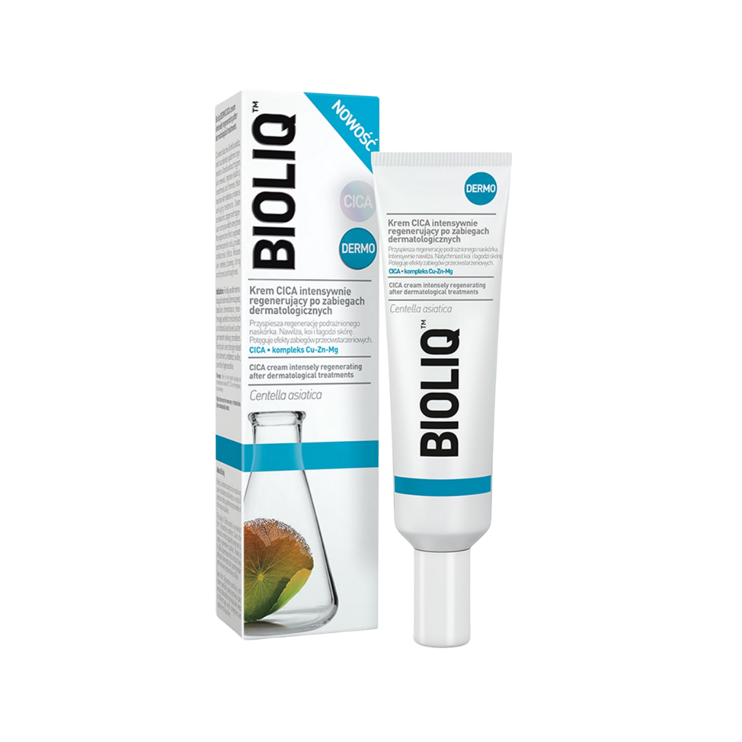 Bioliq Dermo CICA cream, 30ml, for intense skin regeneration after dermatological treatments. White tube with blue accents, featuring a Centella Asiatica label.
