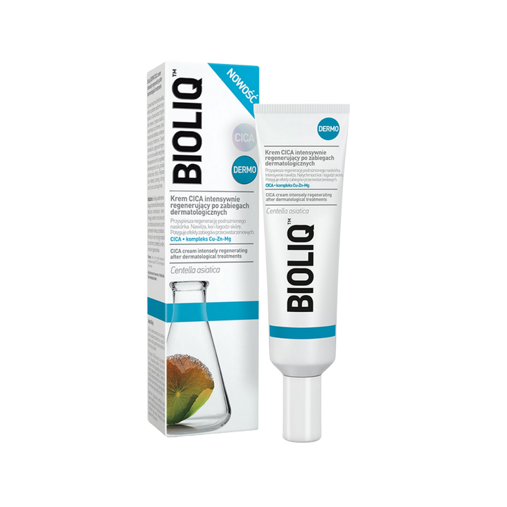 Bioliq Dermo CICA cream, 30ml, for intense skin regeneration after dermatological treatments. White tube with blue accents, featuring a Centella Asiatica label.

