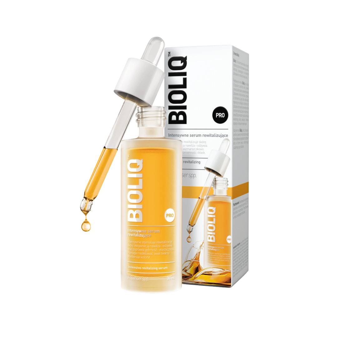 Bioliq Pro Intensive Revitalizing Serum, 30ml, in a glass dropper bottle, designed for skin revitalization and hydration. The packaging includes a box with detailed product information.