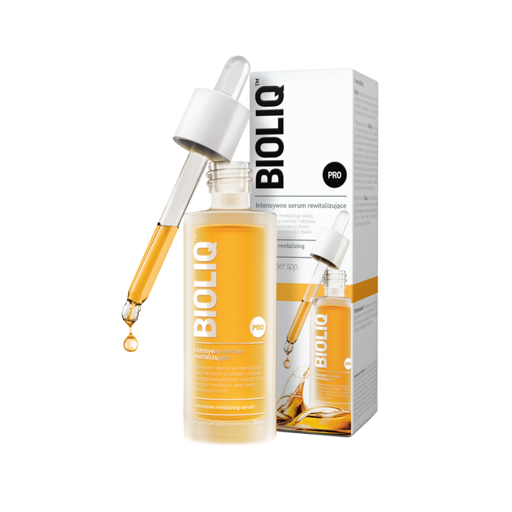 Bioliq Pro Intensive Revitalizing Serum, 30ml, in a glass dropper bottle, designed for skin revitalization and hydration. The packaging includes a box with detailed product information.