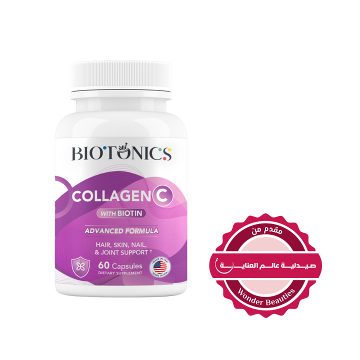 Biotonics collagen C with biotin capsules, 60 count white bottle with purple label and screw cap