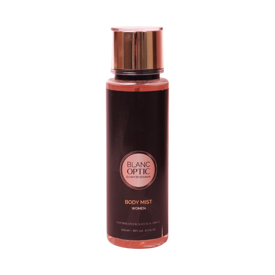 Blanc Optic women body mist spray 250 ml black cylindrical bottle with gold cap