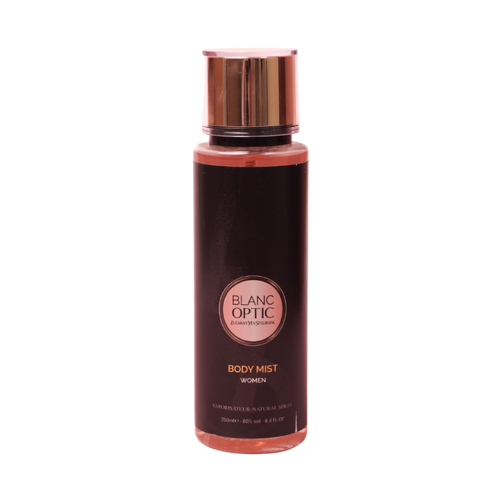 Blanc Optic women body mist spray 250 ml black cylindrical bottle with gold cap