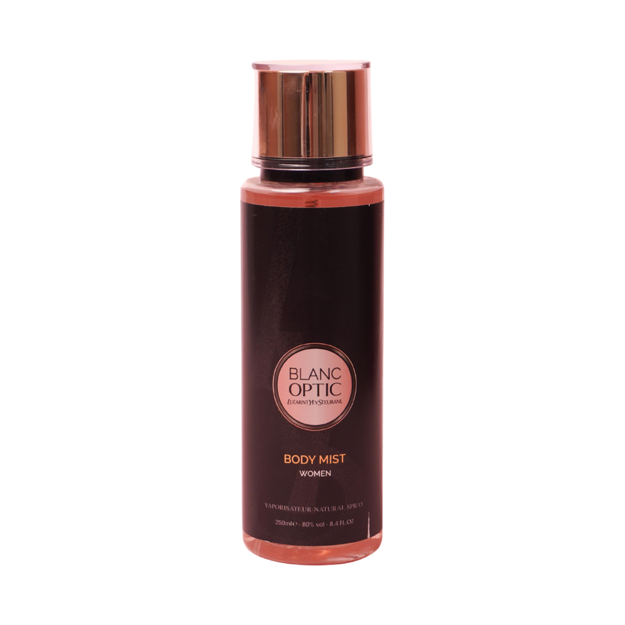 Blanc Optic women body mist spray 250 ml black cylindrical bottle with gold cap