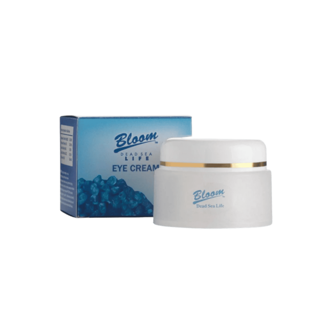 Bloom Dead Sea Life Eye Cream in white jar with gold band and blue box