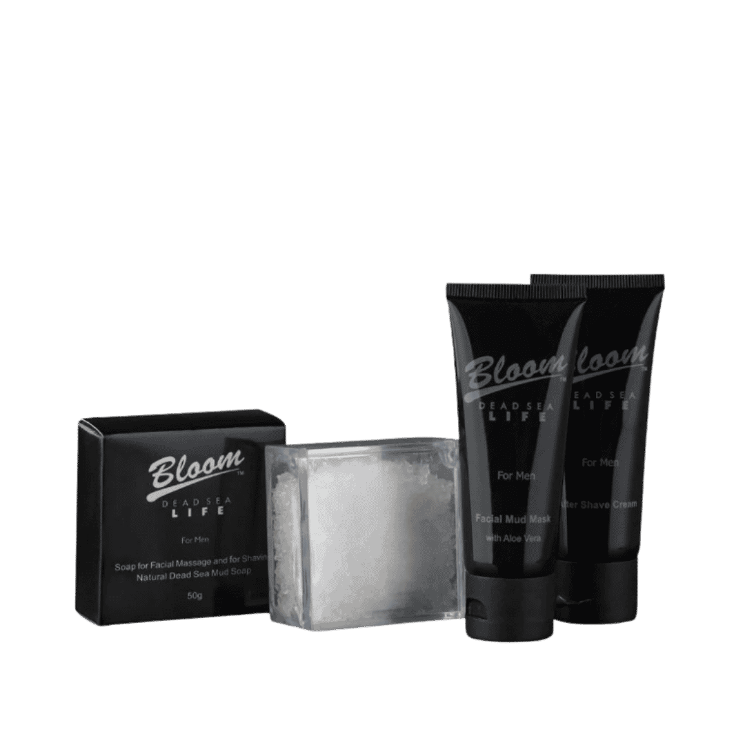 Bloom Dead Sea Men grooming kit with mud mask, after-shave cream, and facial mud soap.