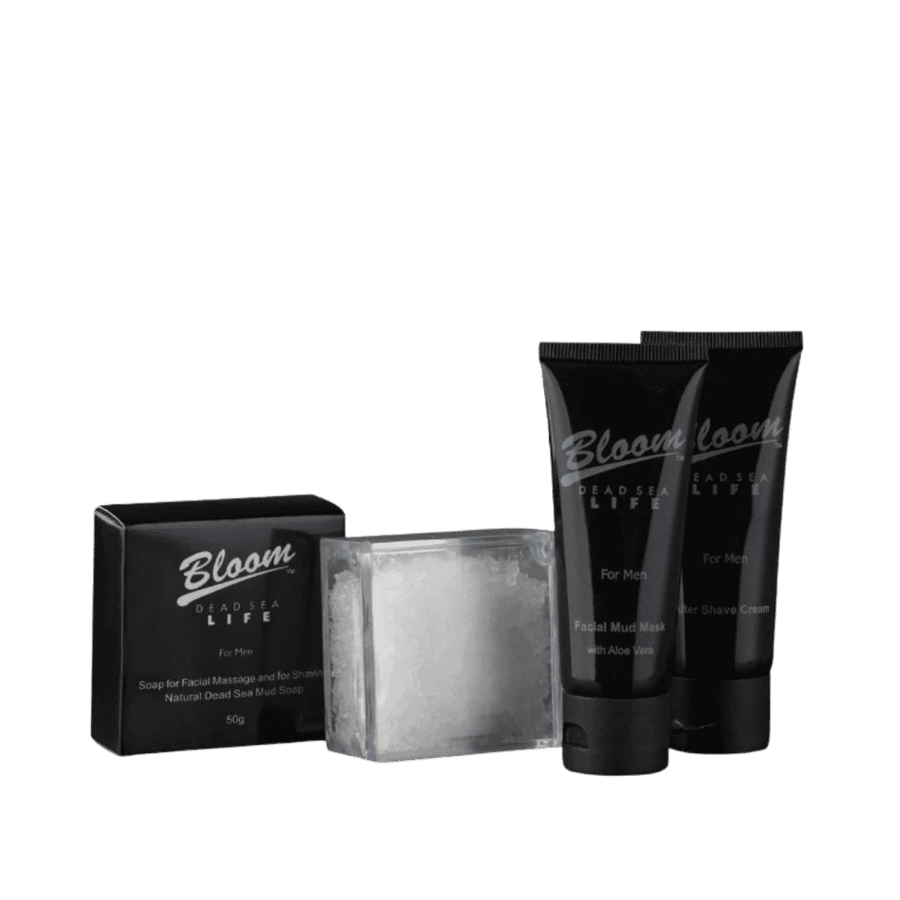 Bloom Dead Sea Men grooming kit with mud mask, after-shave cream, and facial mud soap.