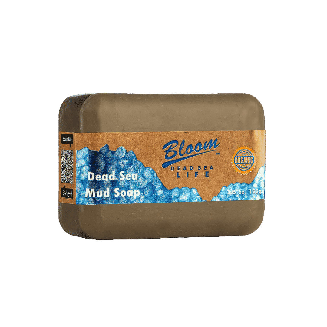 Bloom Dead Sea Life Dead Sea Mud Soap 100g brown bar with blue label and organic seal