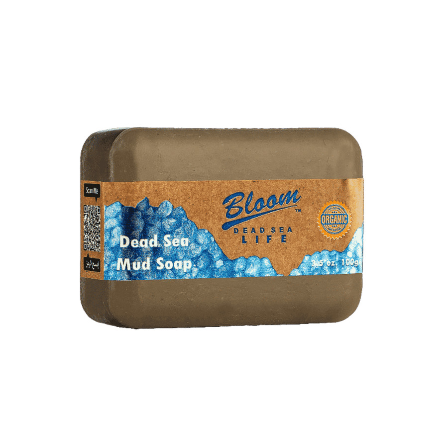 Bloom Dead Sea Life Dead Sea Mud Soap 100g brown bar with blue label and organic seal