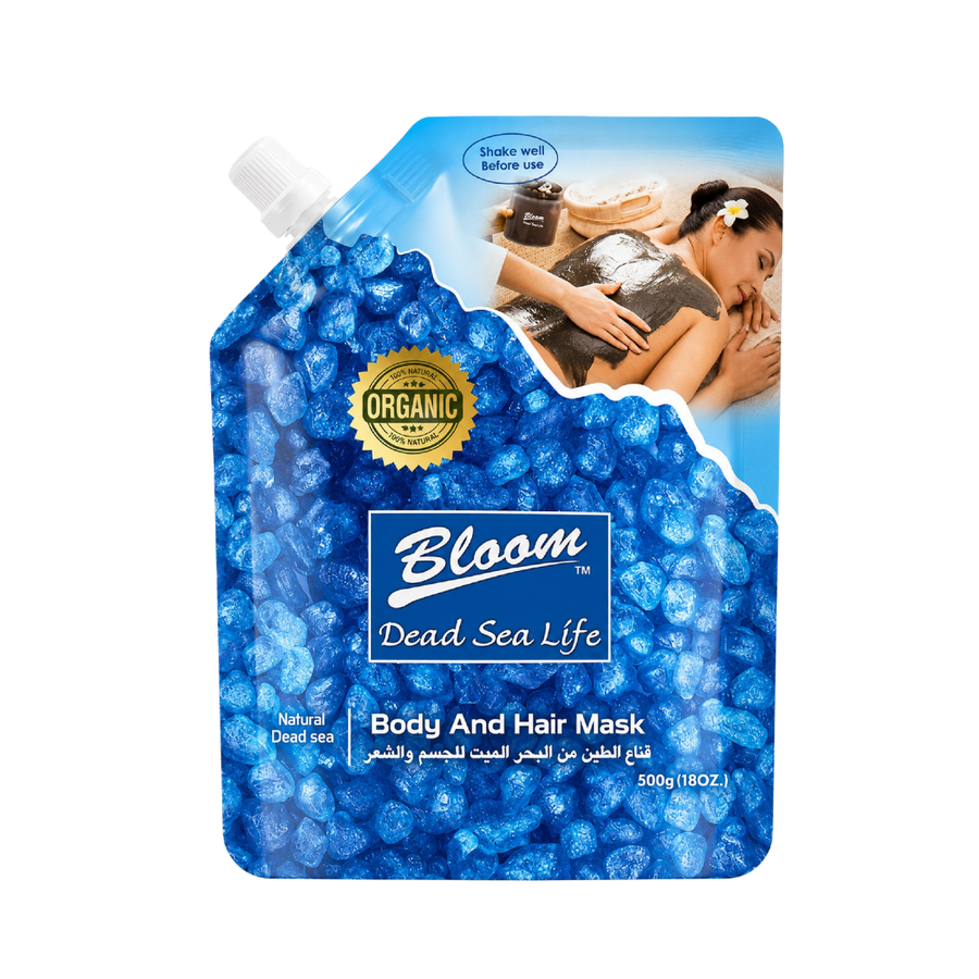 Bloom Dead Sea Life body and hair mud mask, 500g blue pouch with organic seal