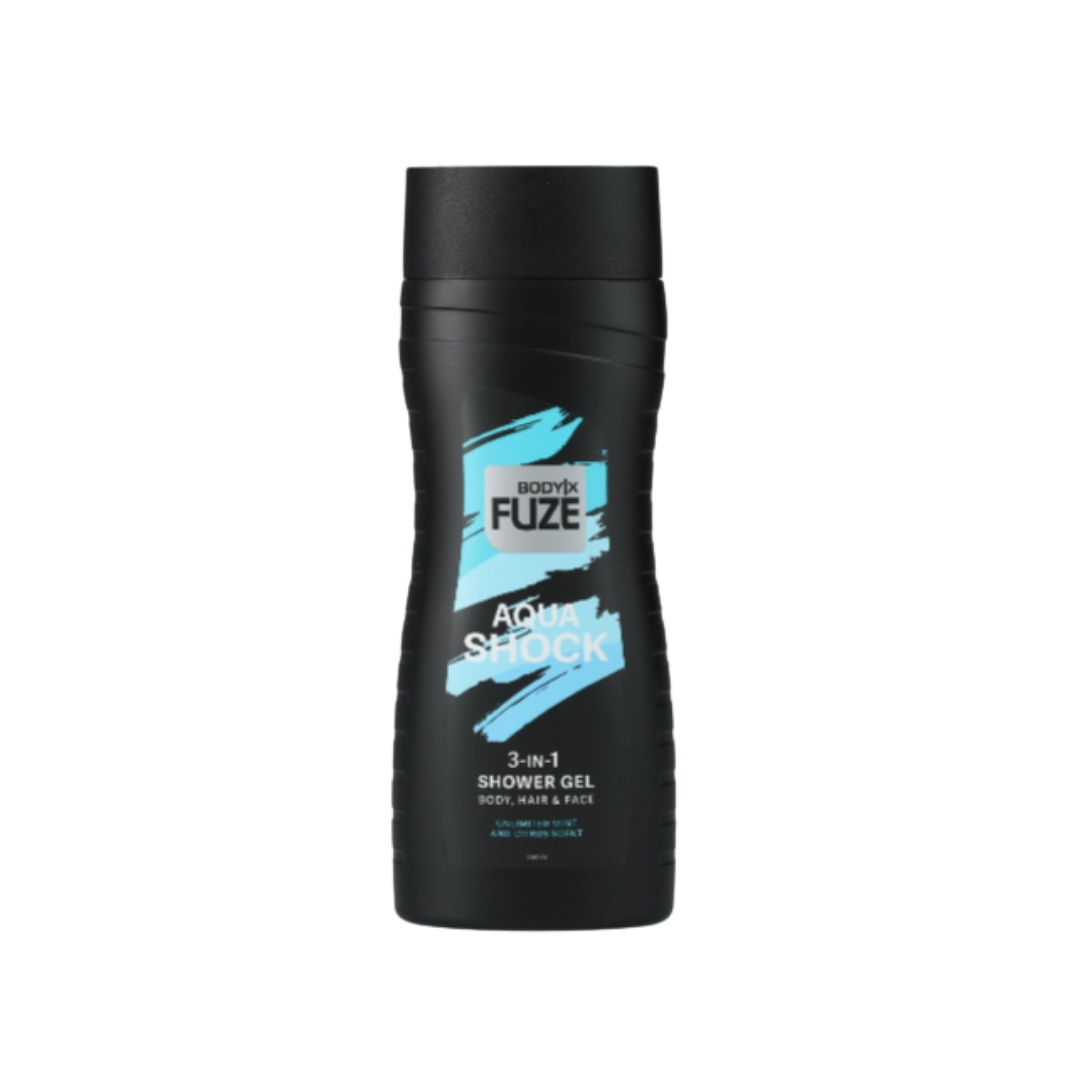 BodyX Fuze Aqua Shock 3-in-1 Shower Gel body, hair and face 250ml black bottle with blue label