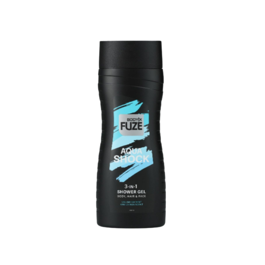 BodyX Fuze Aqua Shock 3-in-1 Shower Gel body, hair and face 250ml black bottle with blue label