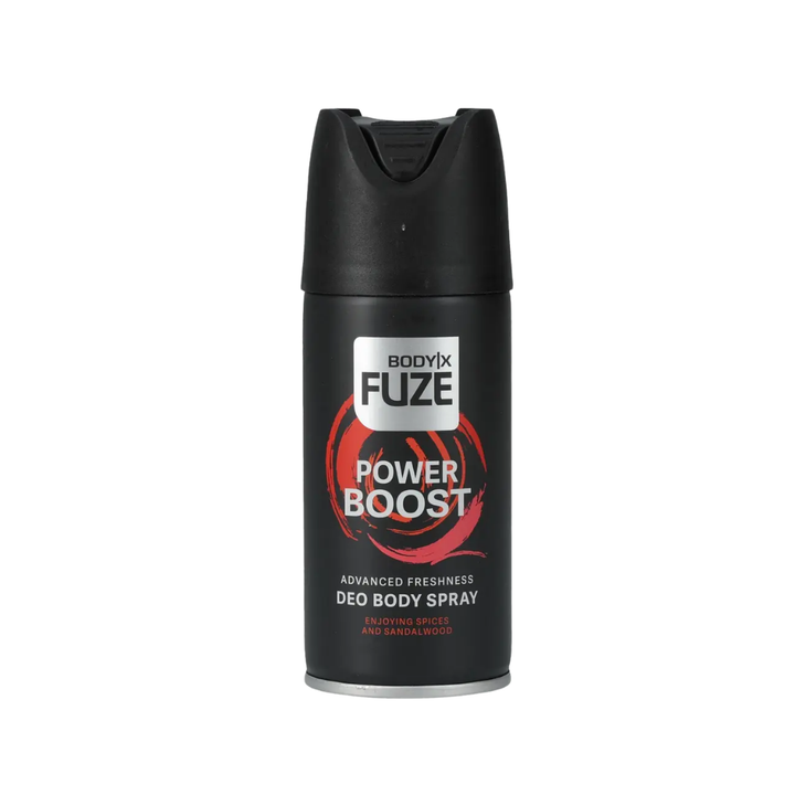 Body X Fuze Power Boost deo body spray can with black packaging, red design details, and 150ml size.