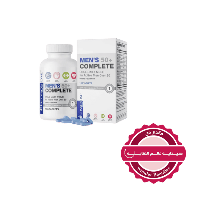 Bronson One Men’s 50+ Complete multivitamin, white bottle and box, 180 tablets