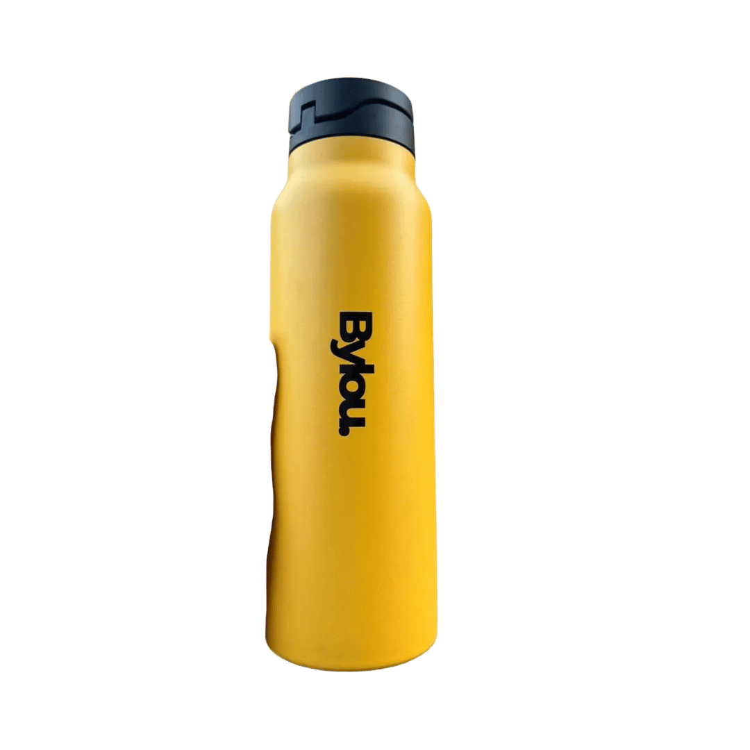 Bylou yellow stainless steel 304 water bottle with black lid reusable drink container