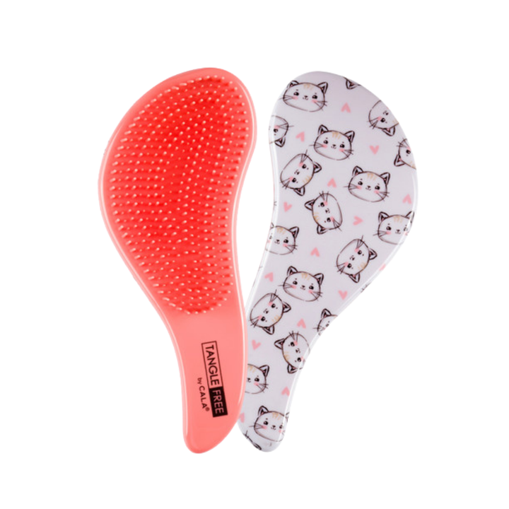 CALA Tangle Free hair brush with coral pink bristles and white cat-patterned curved bac