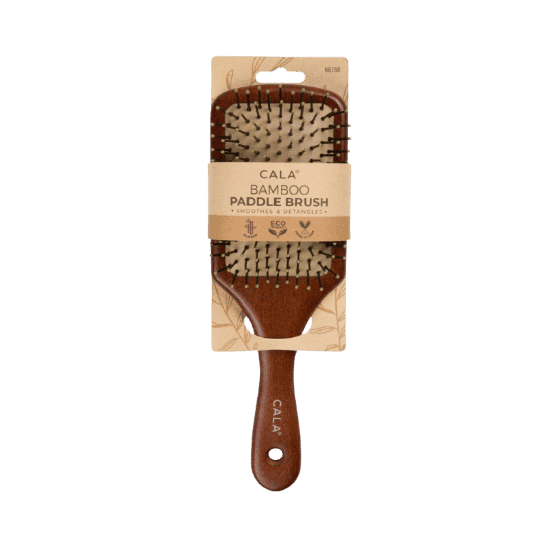 CALA bamboo paddle hairbrush with brown wooden handle, cushioned base, green-tipped bristles, and cardboard packaging.