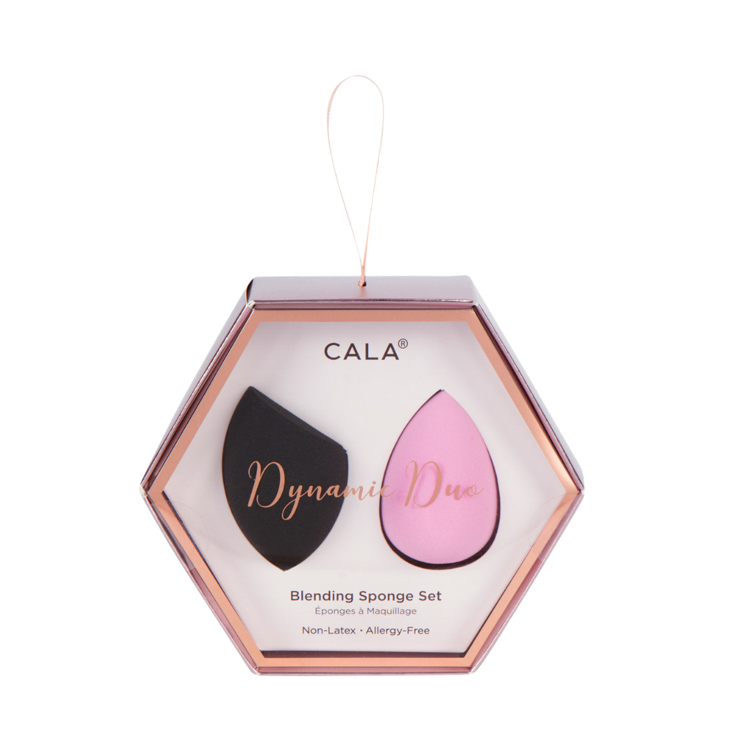 CALA Dynamic Duo Blending Sponge Set with black and pink sponges, non-latex, allergy-free packaging.