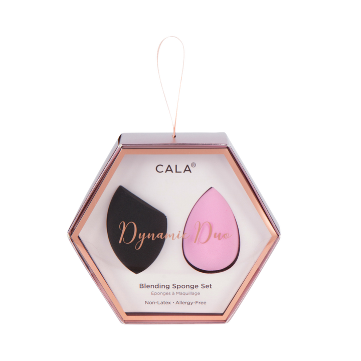 CALA Dynamic Duo Blending Sponge Set with black and pink sponges, non-latex, allergy-free packaging.