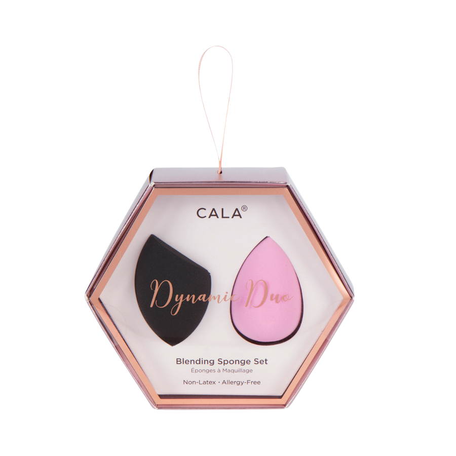 CALA Dynamic Duo Blending Sponge Set with black and pink sponges, non-latex, allergy-free packaging.