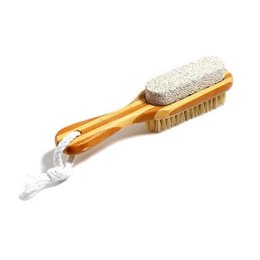 CALA bamboo pumice stone brush with natural bristles, wooden handle, and white hanging cord.