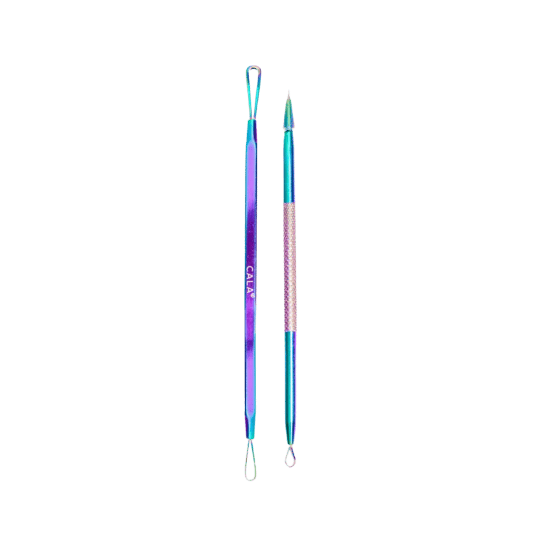 CALA Blemish Rescue set with two iridescent stainless-steel extraction tools featuring loops and pointed tip.