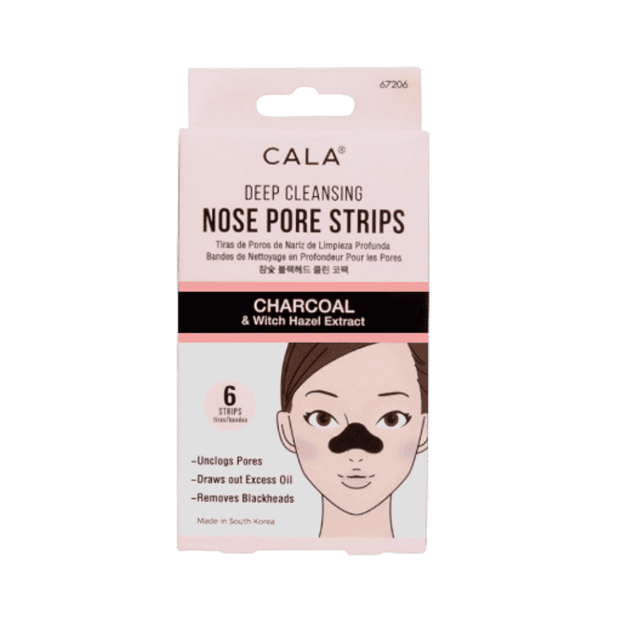 CALA charcoal nose pore strips, six-count pink carton with witch hazel label and illustrated face.