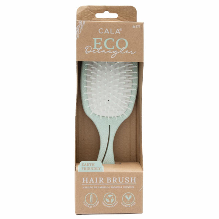 CALA Eco Detangler paddle hair brush, sage green, with white bristles in brown cardboard packaging.