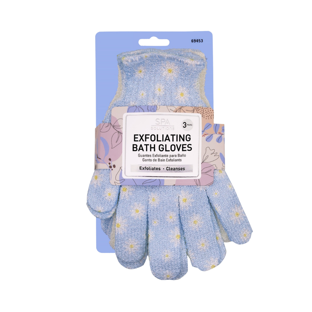 SPA Solutions Exfoliating Bath Gloves set, 3 pairs, blue with floral design, for exfoliating and cleansing.
