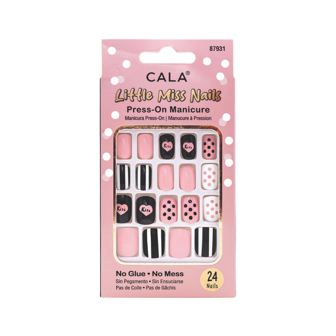 CALA Little Miss Nails press-on manicure set, black and pink designs, 24 nails, retail card packaging.
