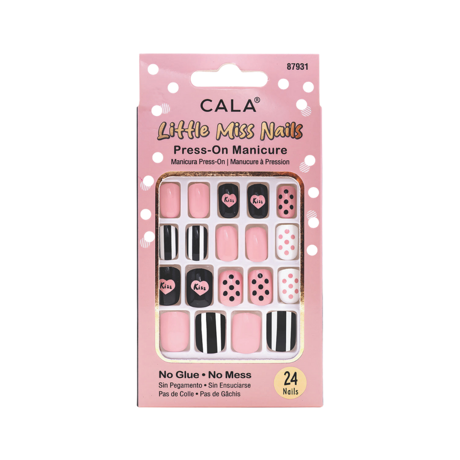 CALA Little Miss Nails press-on manicure set, black and pink designs, 24 nails, retail card packaging.
