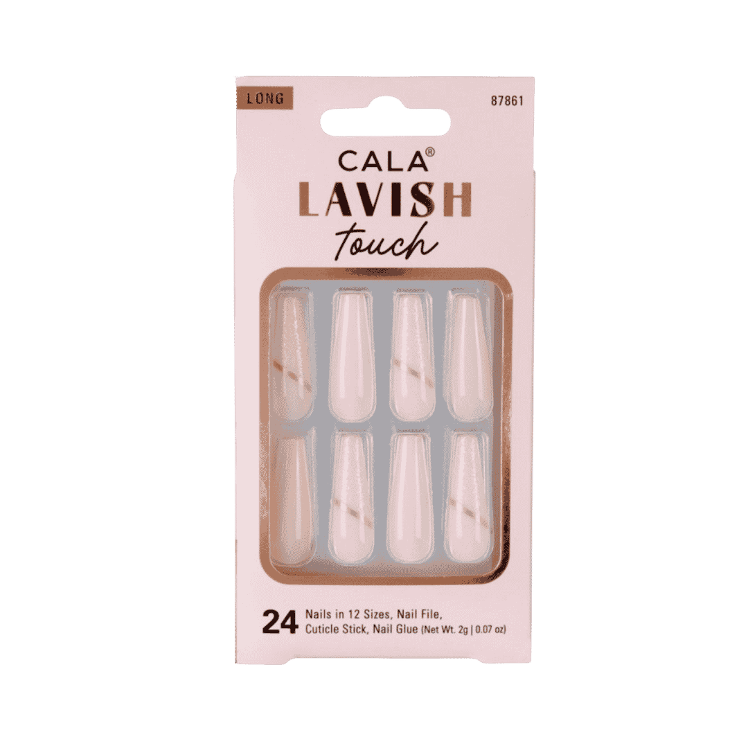 CALA Lavish Touch long press-on nails, 24-piece pale pink set with gold accents in pink packaging.