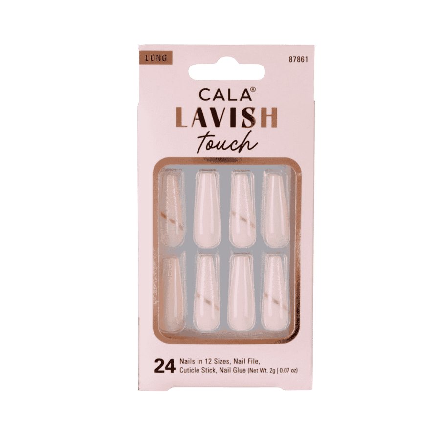 CALA Lavish Touch long press-on nails, 24-piece pale pink set with gold accents in pink packaging.