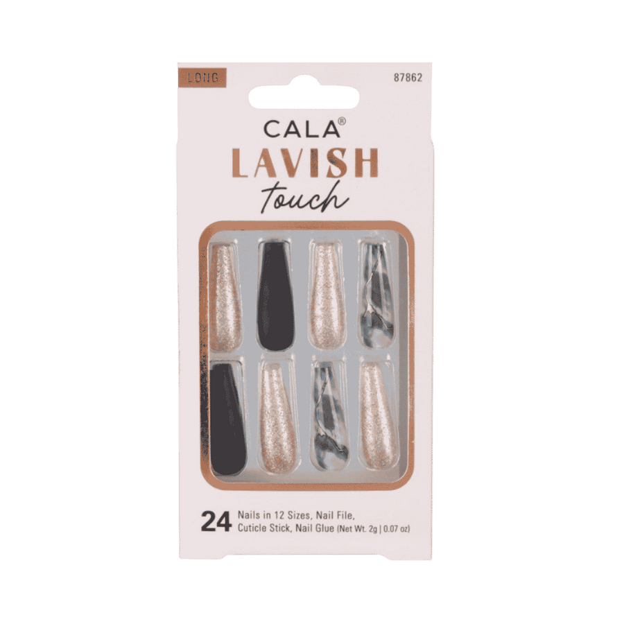 CALA Lavish Touch long coffin press-on nails, 24 marble, black, and rose-gold glitter pieces.