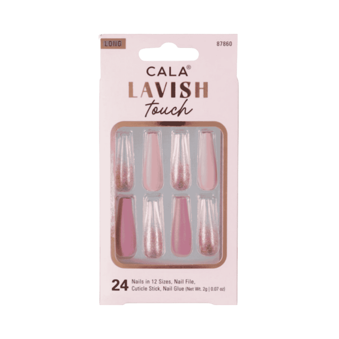 CALA Lavish Touch long coffin press-on nails, 24 pink glitter pieces in clear-front pink carton.