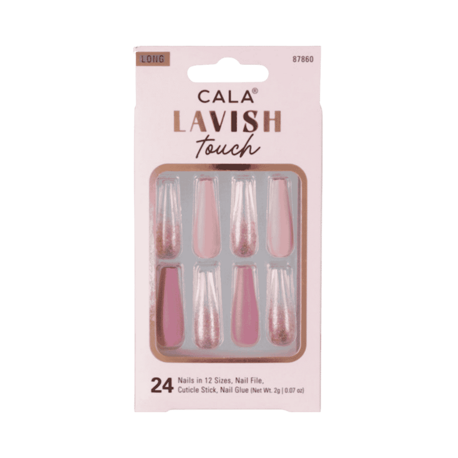 CALA Lavish Touch long coffin press-on nails, 24 pink glitter pieces in clear-front pink carton.
