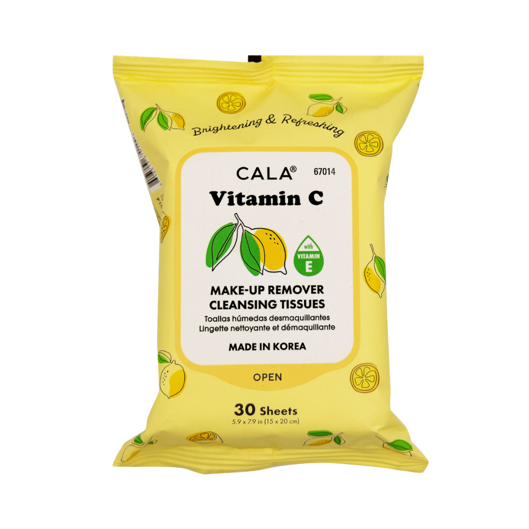 CALA Vitamin C makeup remover cleansing tissues, 30 sheets, in yellow lemon-patterned resealable packaging.