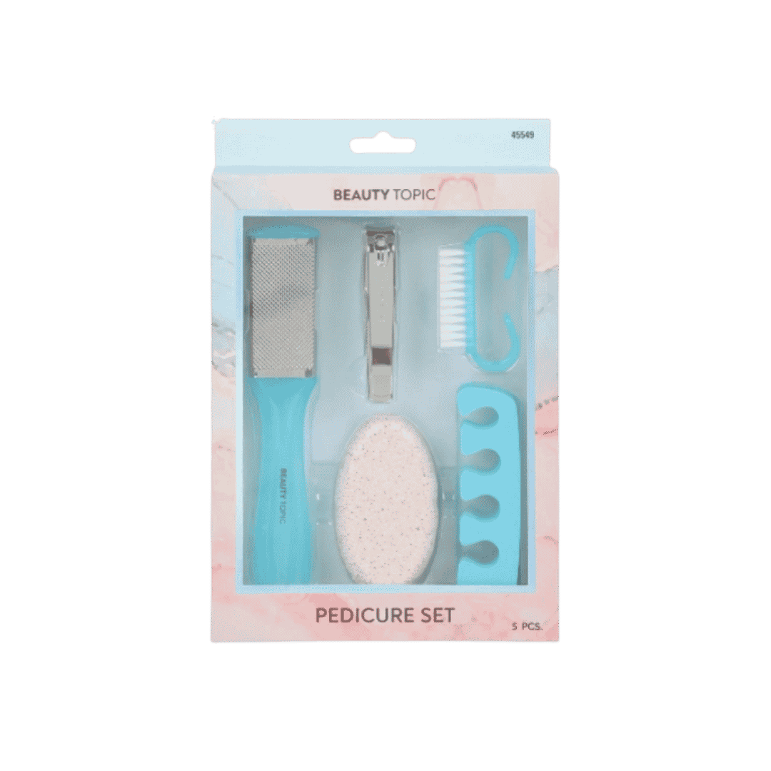 Beauty Topic five-piece pedicure set with blue foot file, nail clipper, brush, pumice, and toe separator.