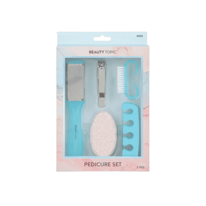 Beauty Topic five-piece pedicure set with blue foot file, nail clipper, brush, pumice, and toe separator.