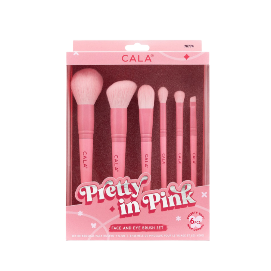 CALA Pretty in Pink 6-piece face and eye brush set, featuring soft pink handles and bristles, packaged in a cute pink box with "Pretty in Pink" branding.