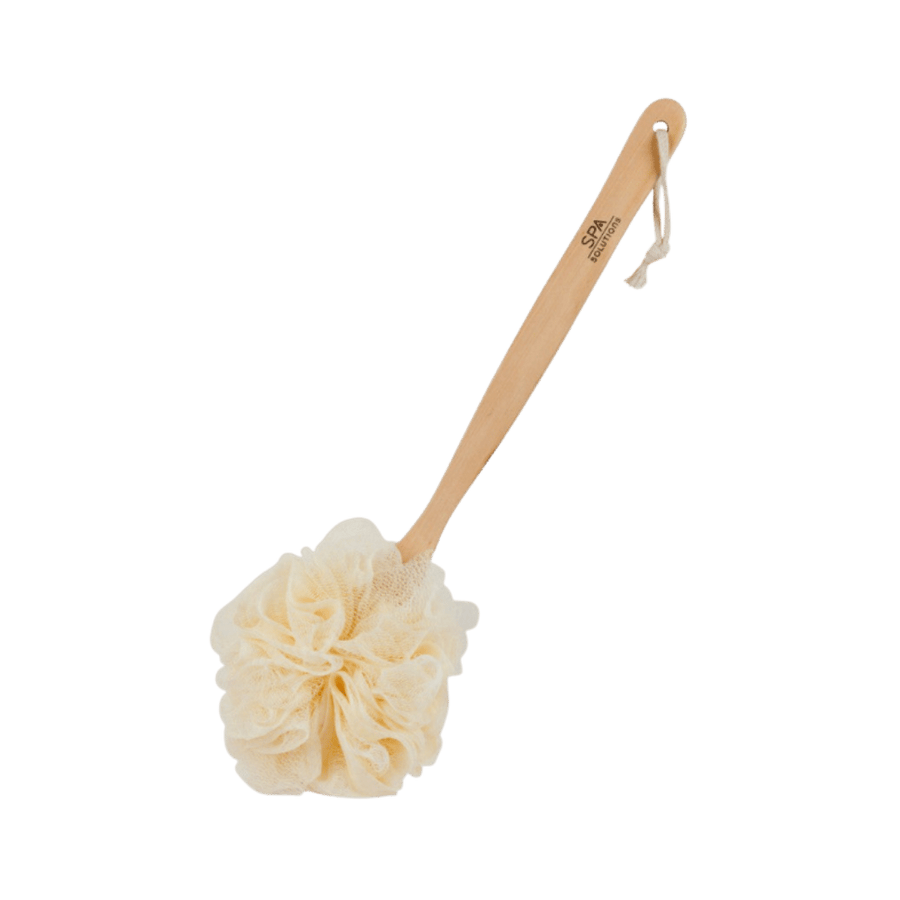 Spa Solutions bath sponge with long wooden handle, cream mesh pouf, and hanging cord.