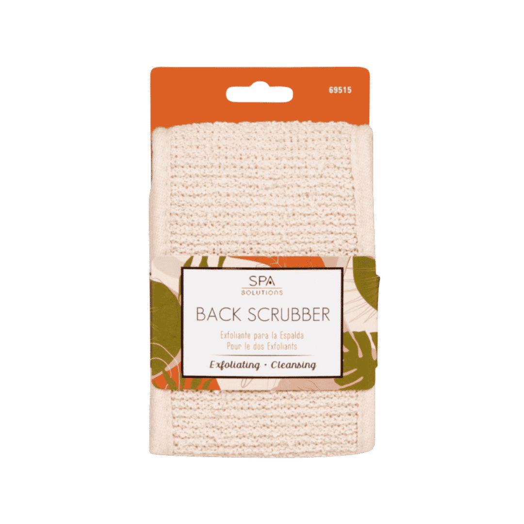 Spa Solutions Back Scrubber exfoliating bath cloth, cream textured fabric in orange and floral hanging packaging.
