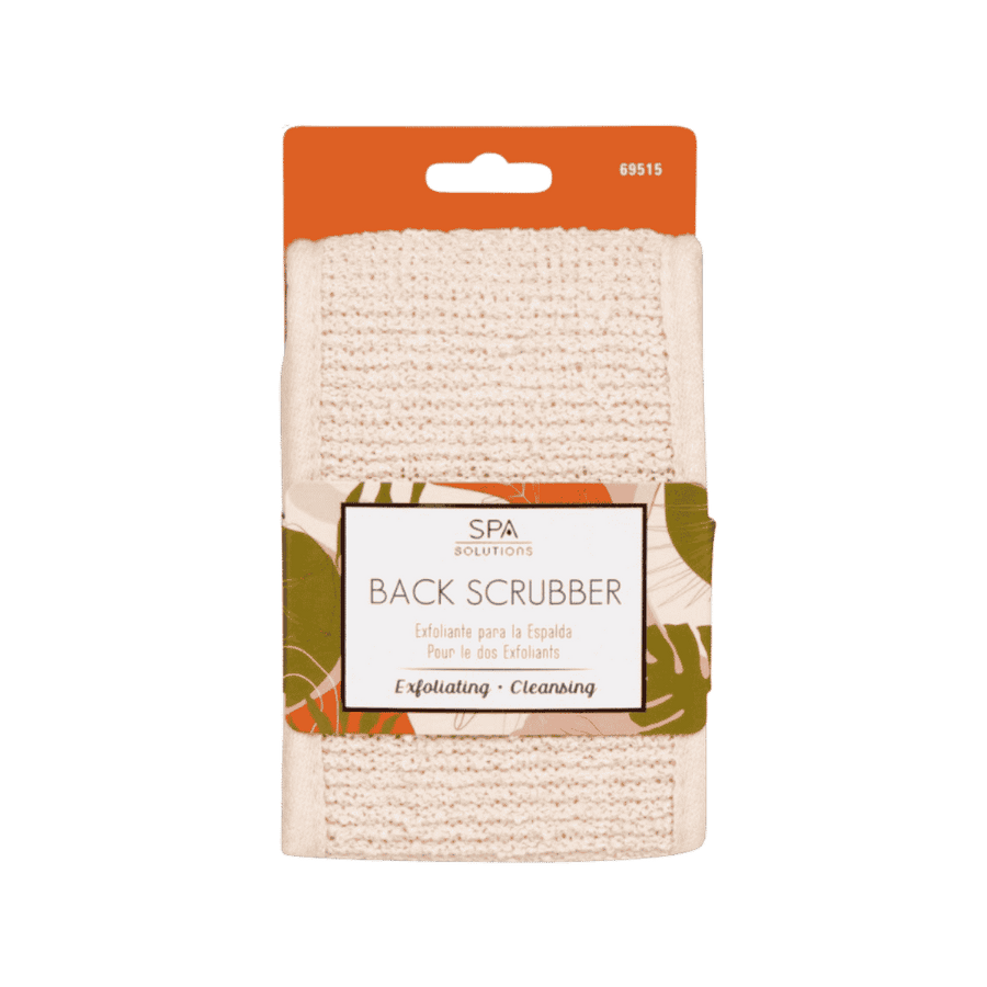 Spa Solutions Back Scrubber exfoliating bath cloth, cream textured fabric in orange and floral hanging packaging.