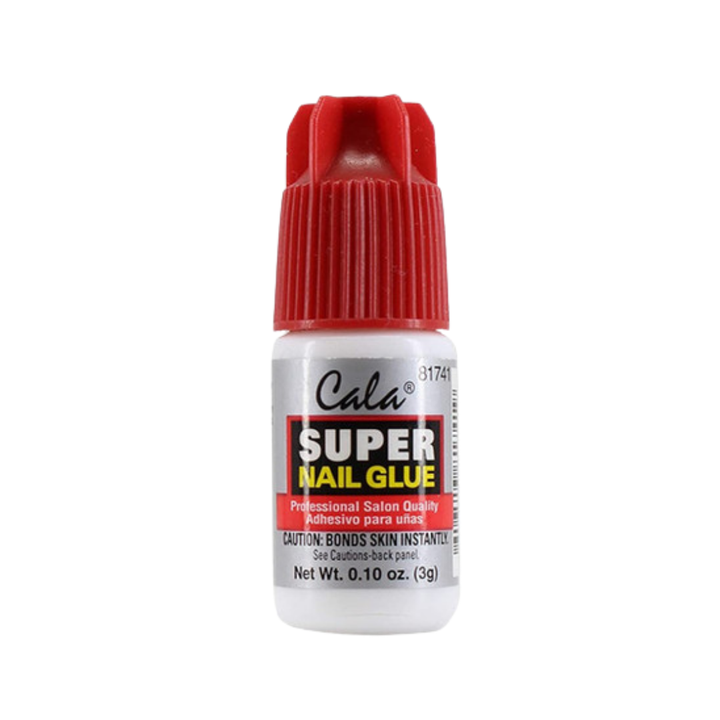 CALA Super Nail Glue, 3g, in a small white bottle with ribbed red cap.